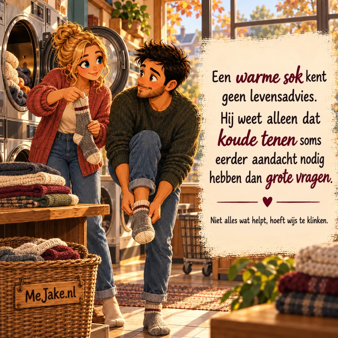 MeJake-illustratie bij de quote: Een warme sok kent geen levensadvies. Hij weet alleen dat koude tenen soms eerder aandacht nodig hebben dan grote vragen.