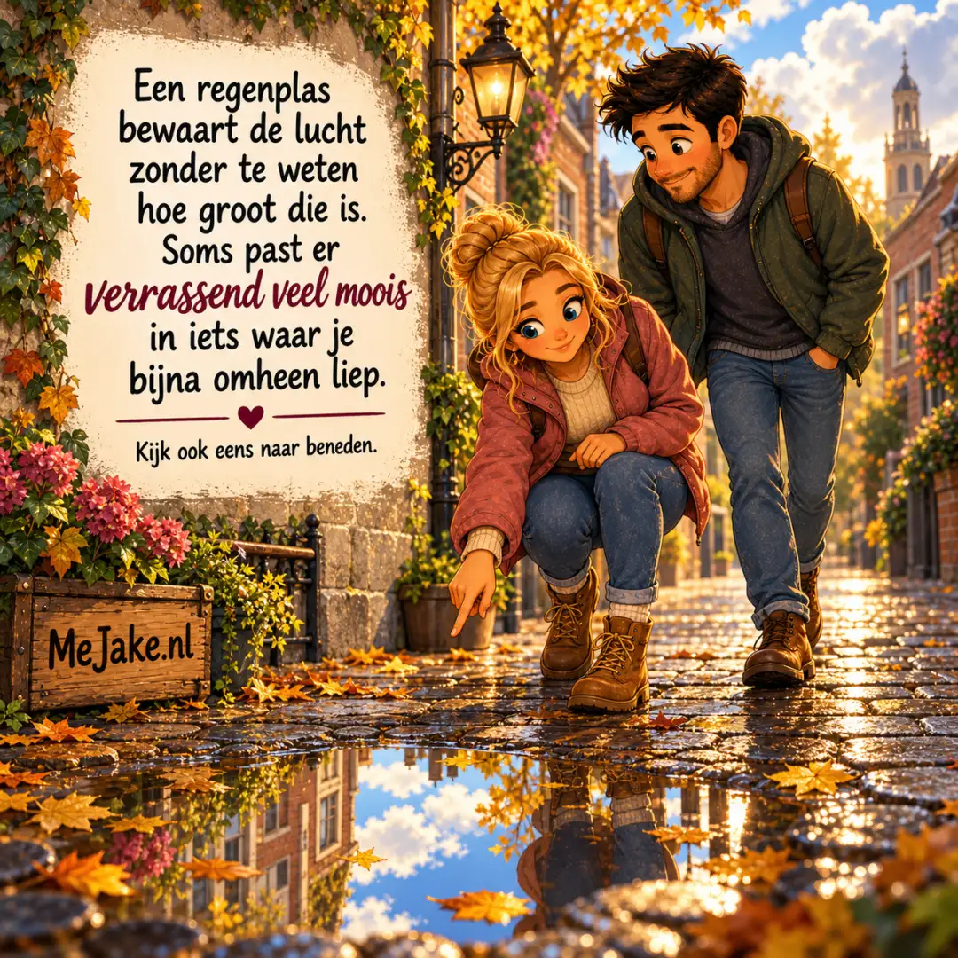 MeJake-illustratie bij de quote: Een regenplas bewaart de lucht zonder te weten hoe groot die is. Soms past er verrassend veel moois in iets waar je bijna omheen liep.