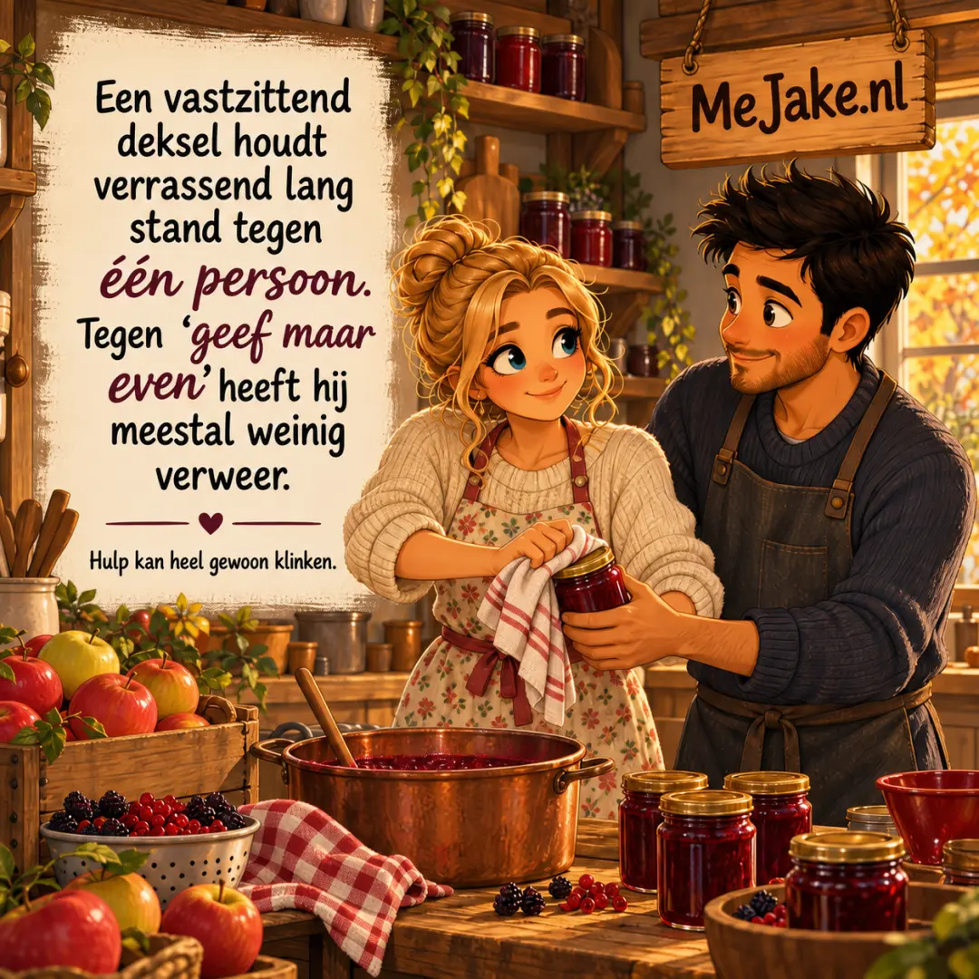 MeJake-illustratie bij de quote: Een vastzittend deksel houdt verrassend lang stand tegen één persoon. Tegen ‘geef maar even’ heeft hij meestal weinig verweer.