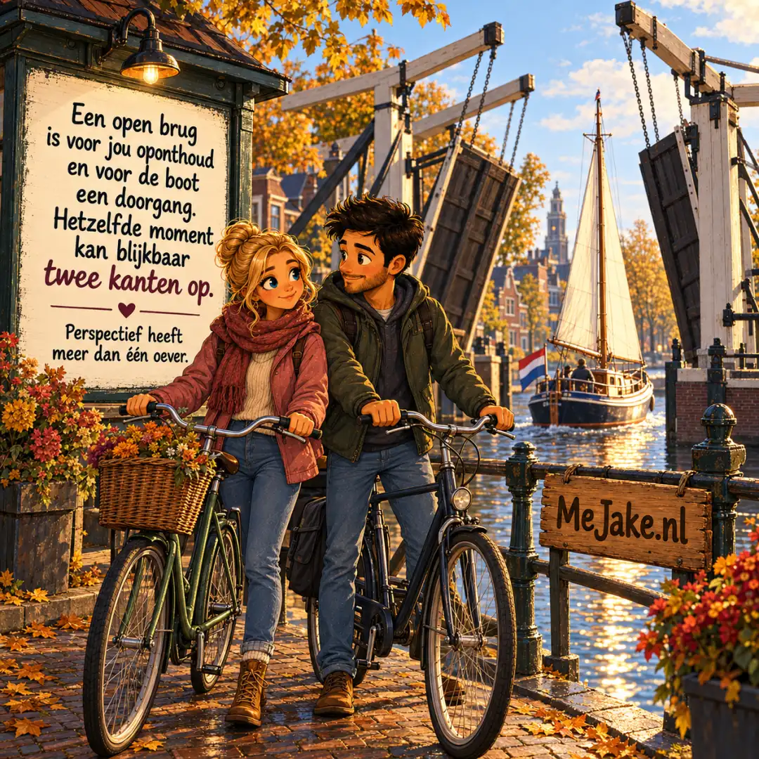 MeJake-illustratie bij de quote: Een open brug is voor jou oponthoud en voor de boot een doorgang. Hetzelfde moment kan blijkbaar twee kanten op.