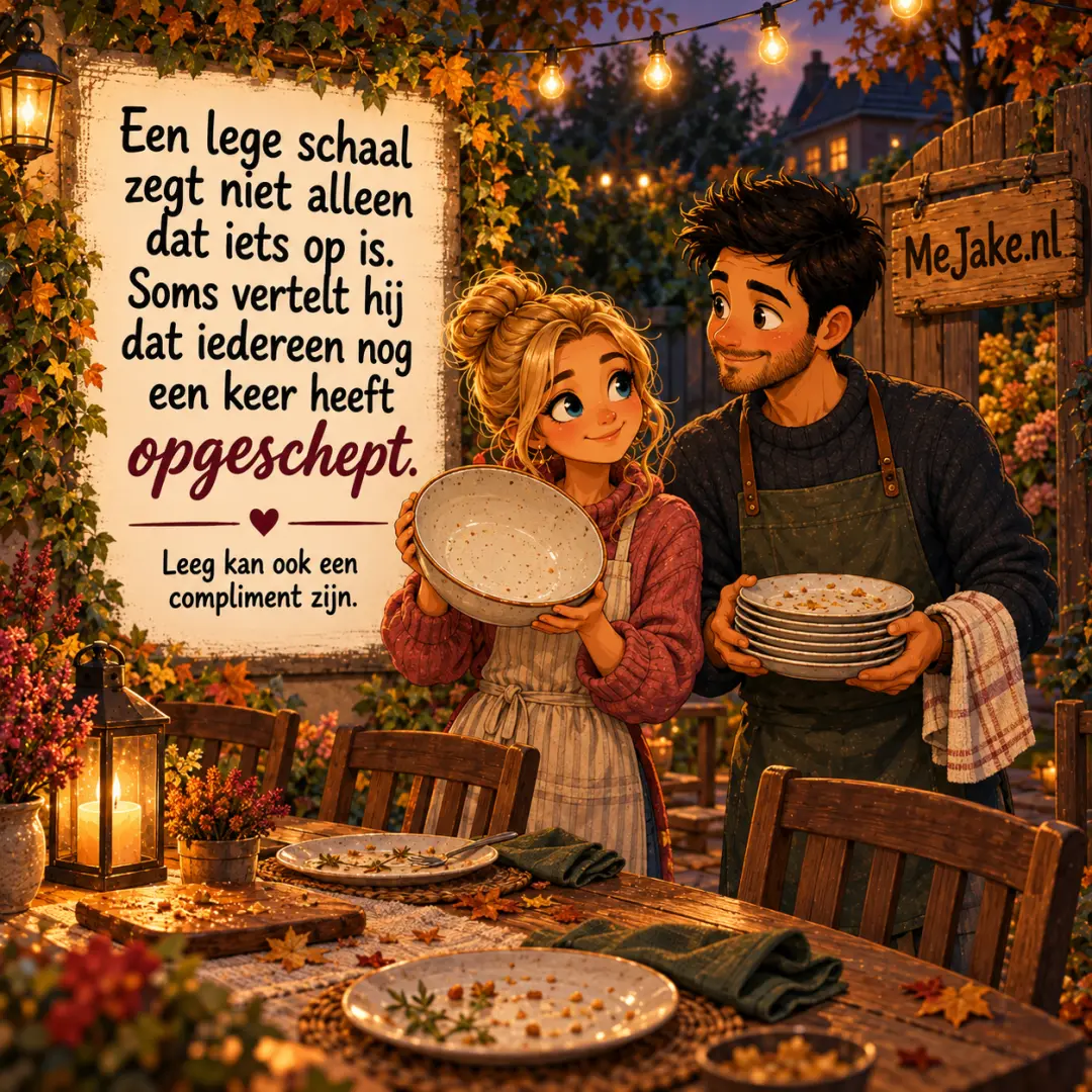 MeJake-illustratie bij de quote: Een lege schaal zegt niet alleen dat iets op is. Soms vertelt hij dat iedereen nog een keer heeft opgeschept.