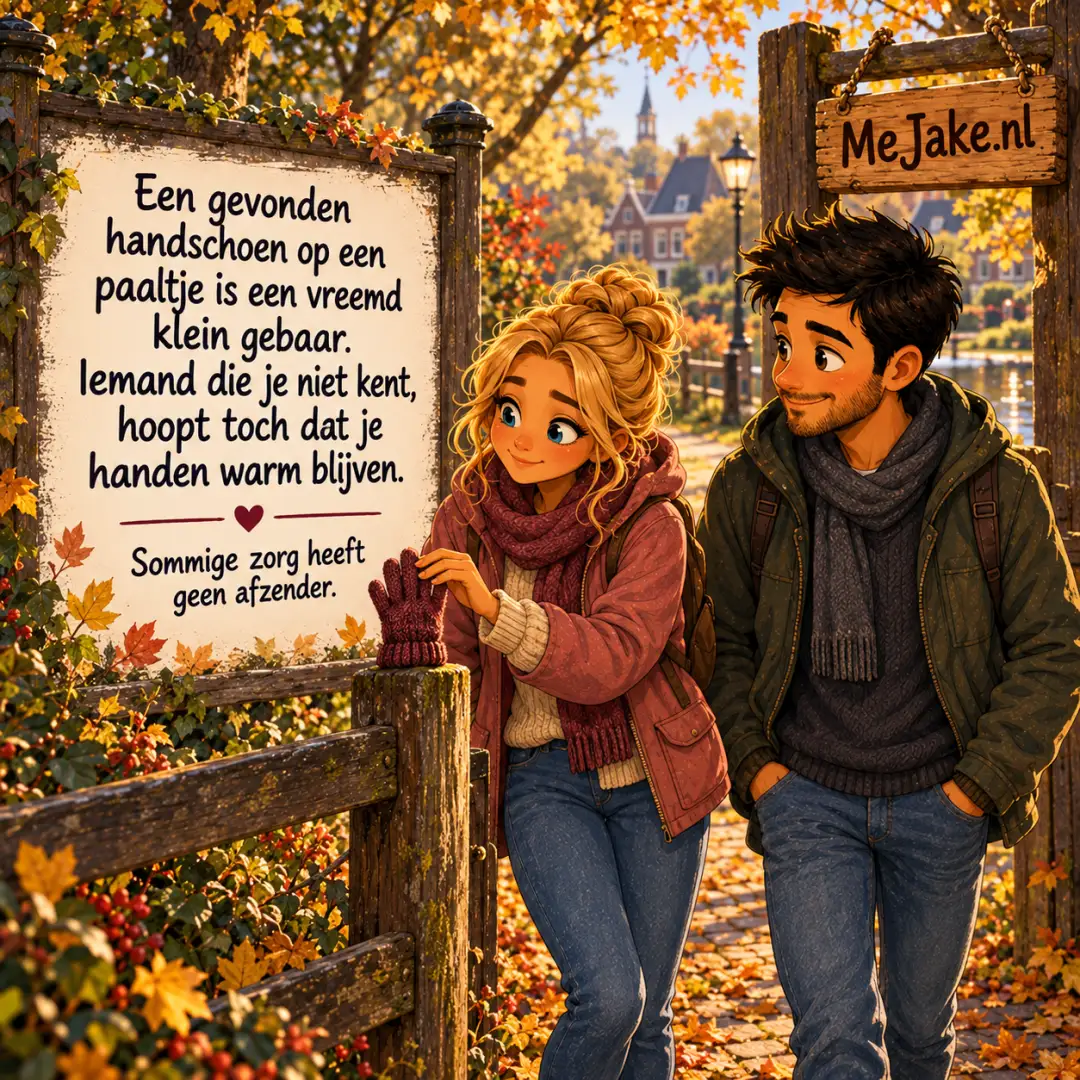 MeJake-illustratie bij de quote: Een gevonden handschoen op een paaltje is een vreemd klein gebaar. Iemand die je niet kent, hoopt toch dat je handen warm blijven.