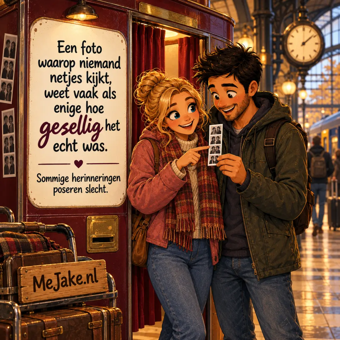 MeJake-illustratie bij de quote: Een foto waarop niemand netjes kijkt, weet vaak als enige hoe gezellig het echt was.