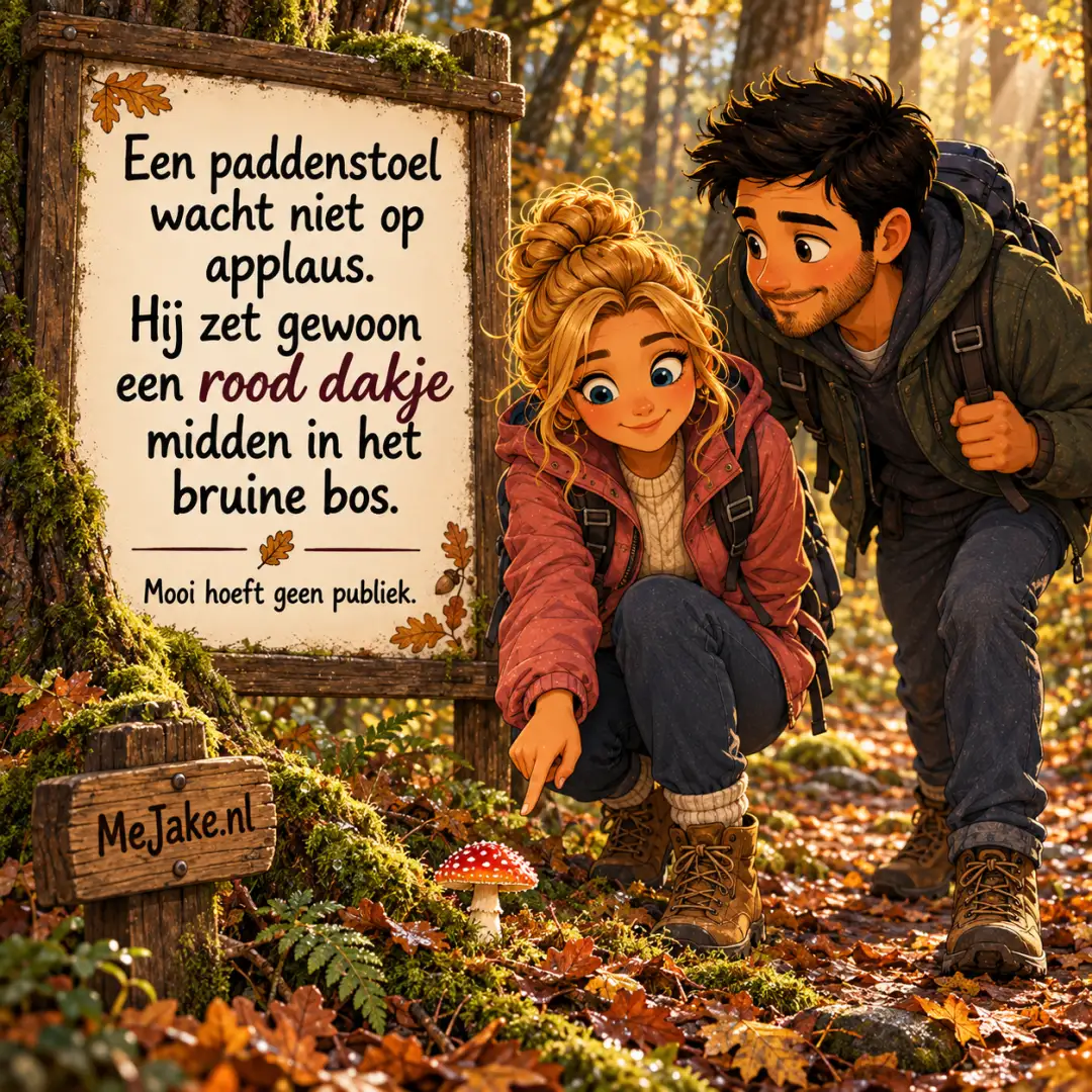 Illustratie bij de quote: Een paddenstoel wacht niet op applaus. Hij zet gewoon een rood dakje midden in het bruine bos.