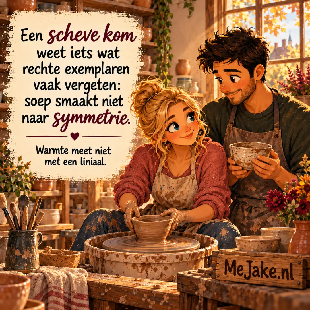 MeJake-illustratie bij de quote: Een scheve kom weet iets wat rechte exemplaren vaak vergeten: soep smaakt niet naar symmetrie.