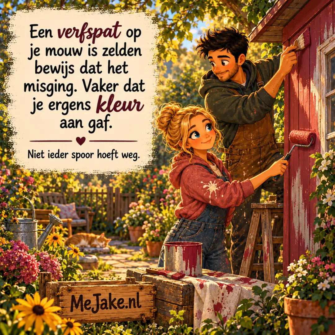 MeJake-illustratie bij de quote: Een verfspat op je mouw is zelden bewijs dat het misging. Vaker dat je ergens kleur aan gaf.