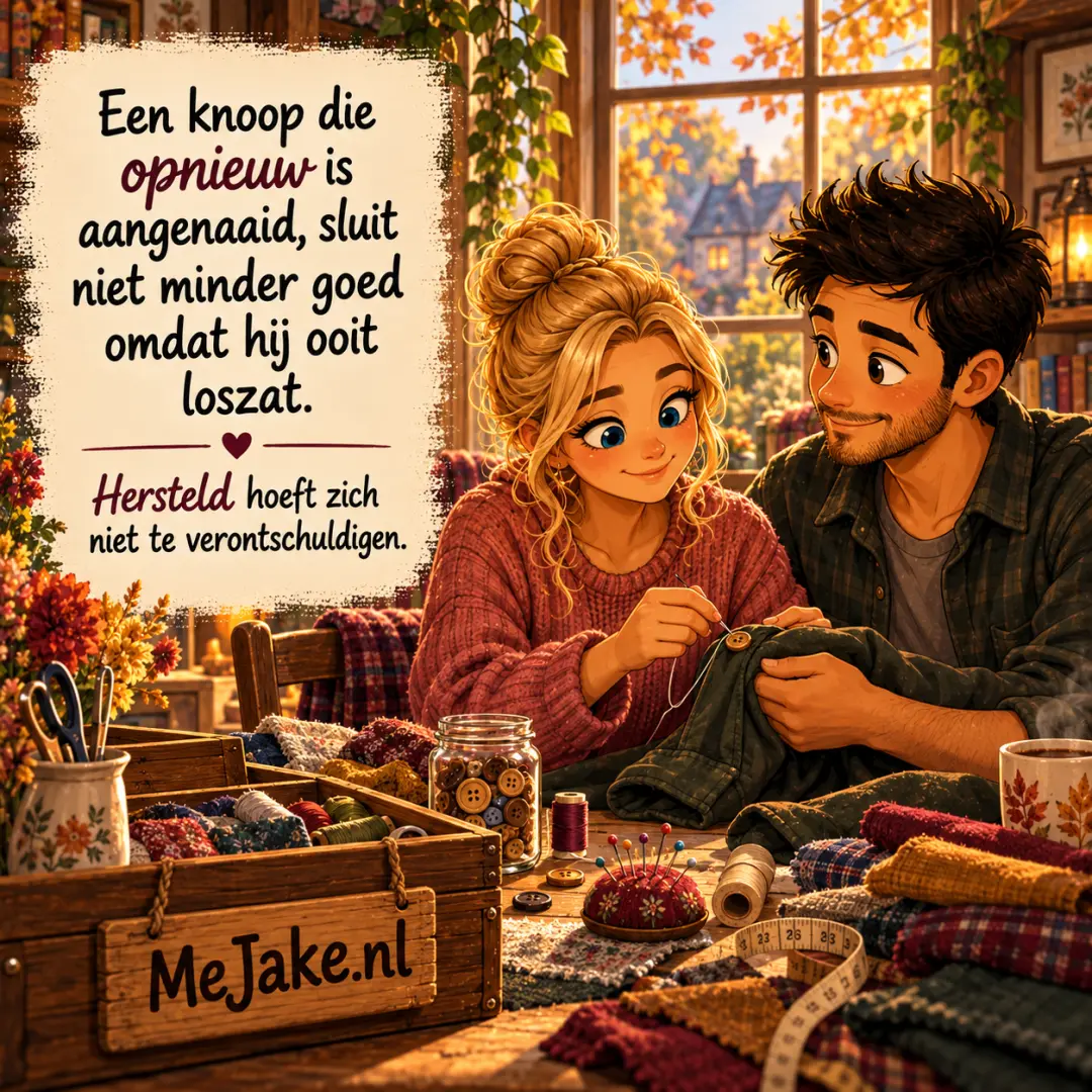 Illustratie bij de quote: Een knoop die opnieuw is aangenaaid, sluit niet minder goed omdat hij ooit loszat.
