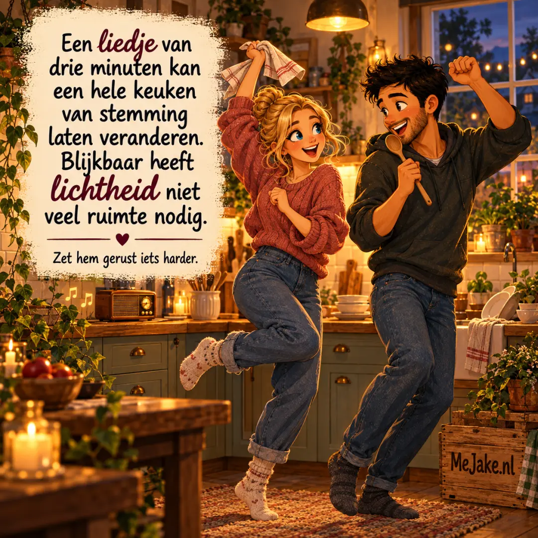 MeJake-illustratie bij de quote: Een liedje van drie minuten kan een hele keuken van stemming laten veranderen. Blijkbaar heeft lichtheid niet veel ruimte nodig.