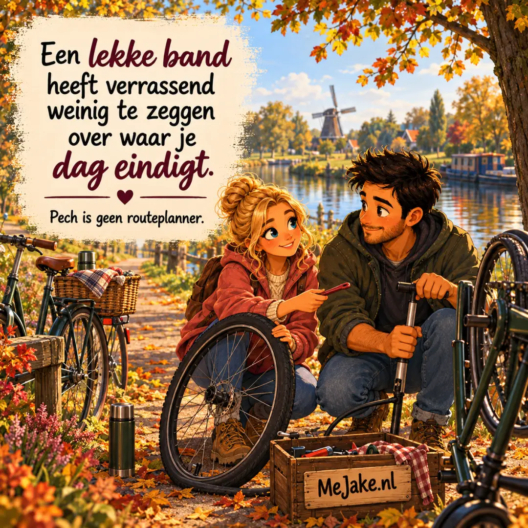 MeJake-illustratie bij de quote: Een lekke band heeft verrassend weinig te zeggen over waar je dag eindigt.