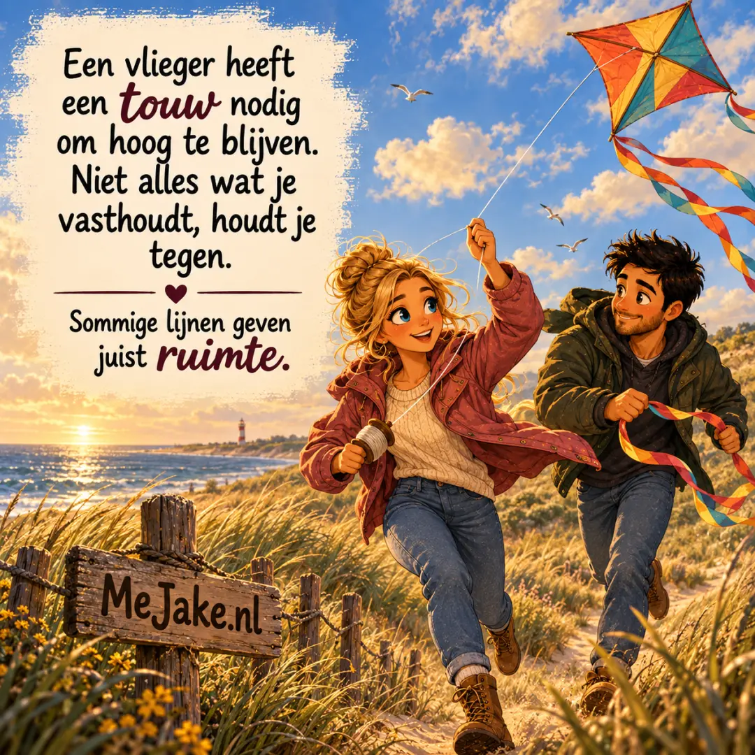 MeJake-illustratie bij de quote: Een vlieger heeft een touw nodig om hoog te blijven. Niet alles wat je vasthoudt, houdt je tegen.