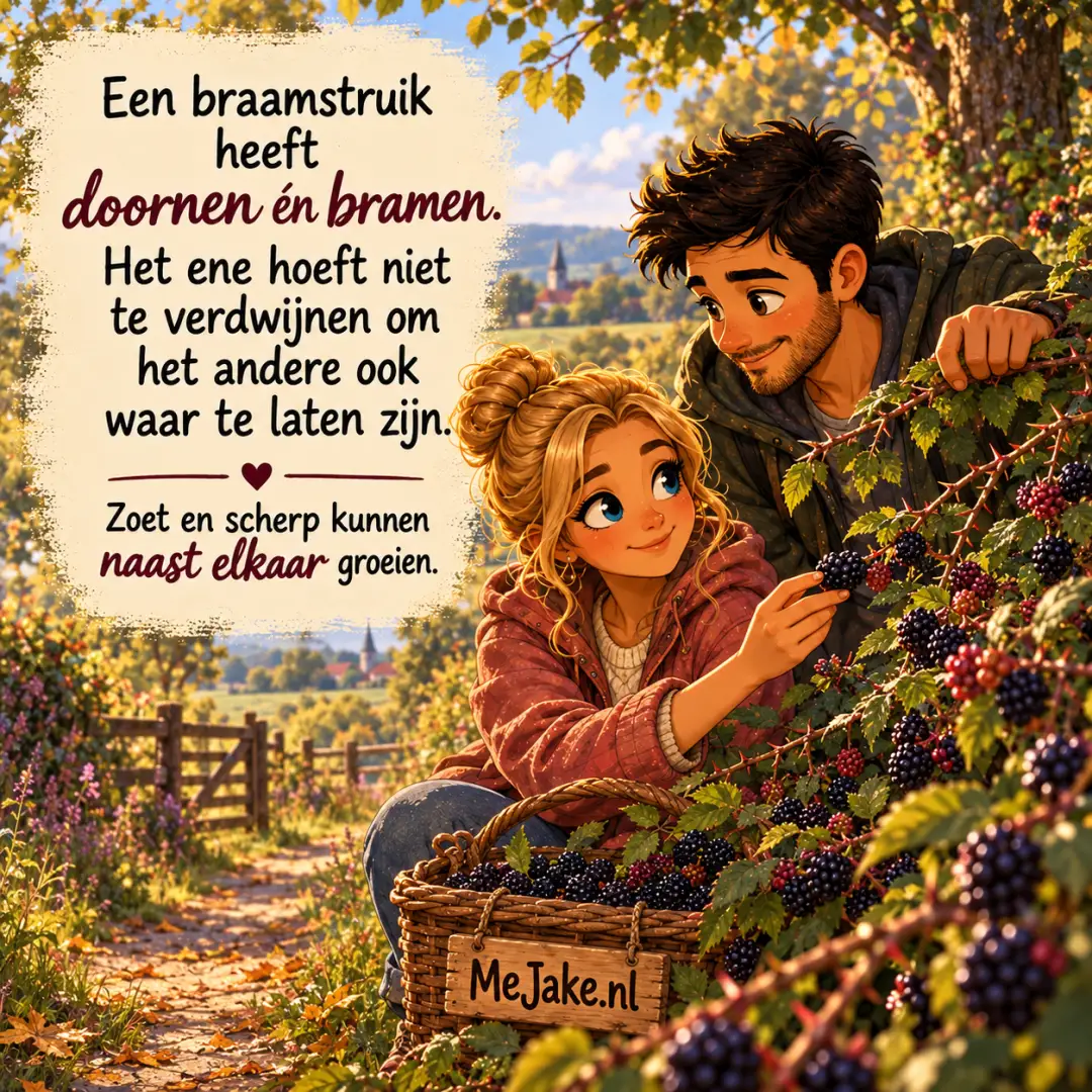MeJake-illustratie bij de quote: Een braamstruik heeft doornen én bramen. Het ene hoeft niet te verdwijnen om het andere ook waar te laten zijn.