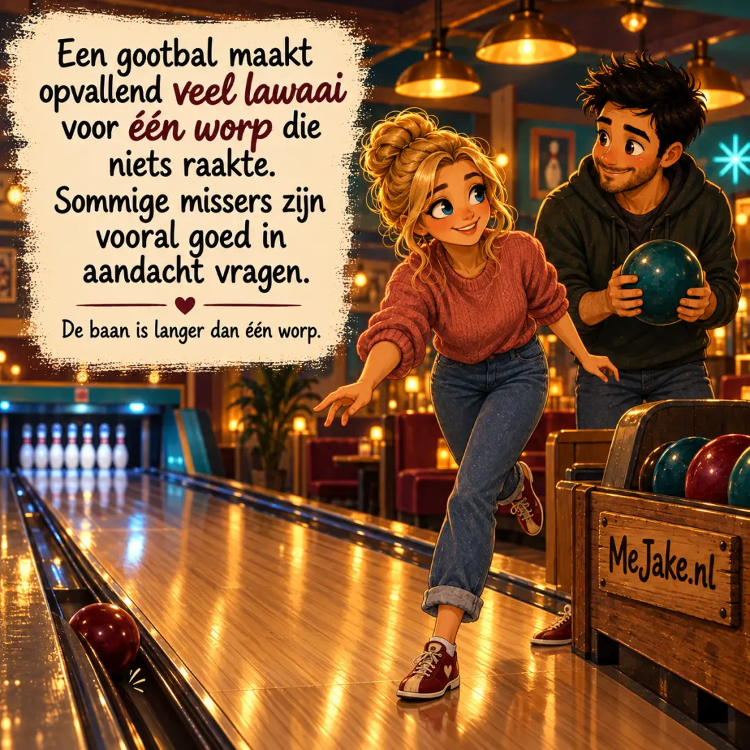 MeJake-illustratie bij de quote: Een gootbal maakt opvallend veel lawaai voor één worp die niets raakte. Sommige missers zijn vooral goed in aandacht vragen.