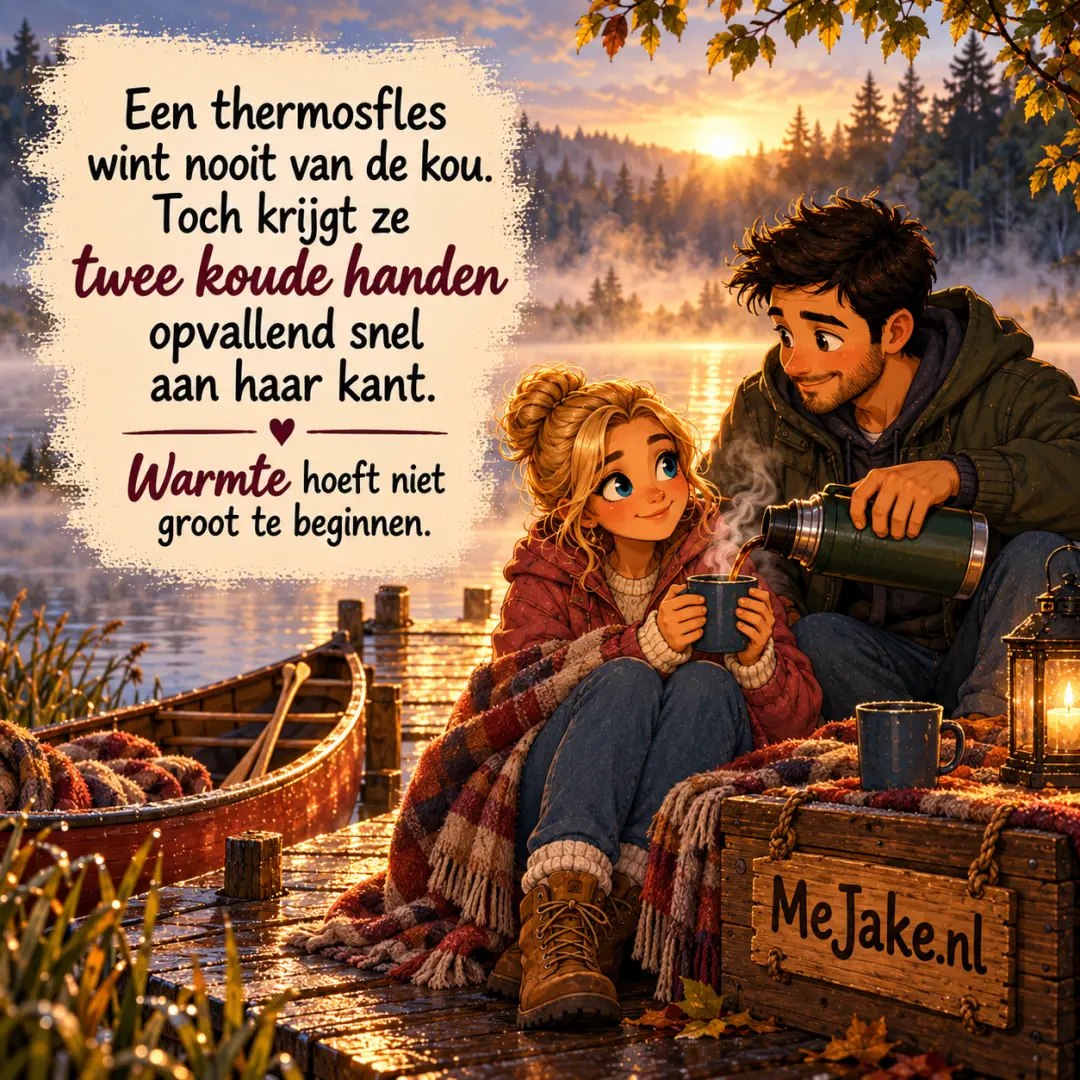 MeJake-illustratie bij de quote: Een thermosfles wint nooit van de kou. Toch krijgt ze twee koude handen opvallend snel aan haar kant.