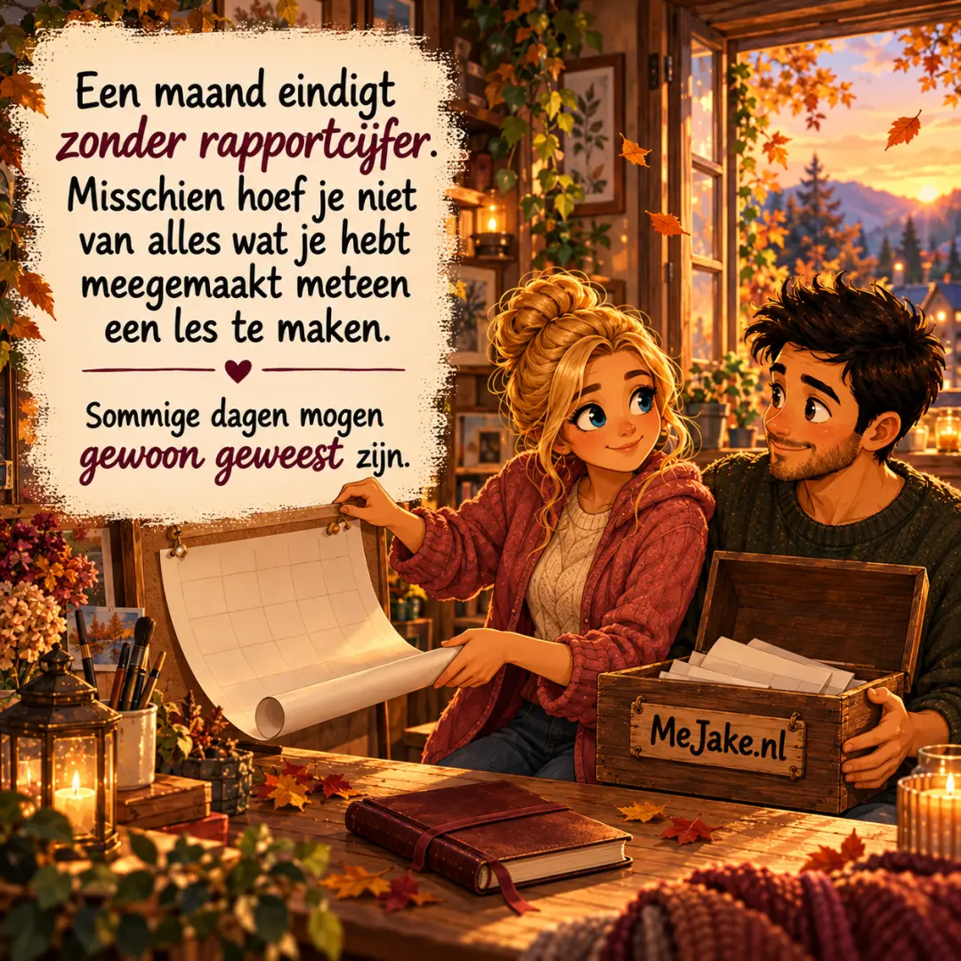 Illustratie bij de quote: Een maand eindigt zonder rapportcijfer. Misschien hoef je niet van alles wat je hebt meegemaakt meteen een les te maken.
