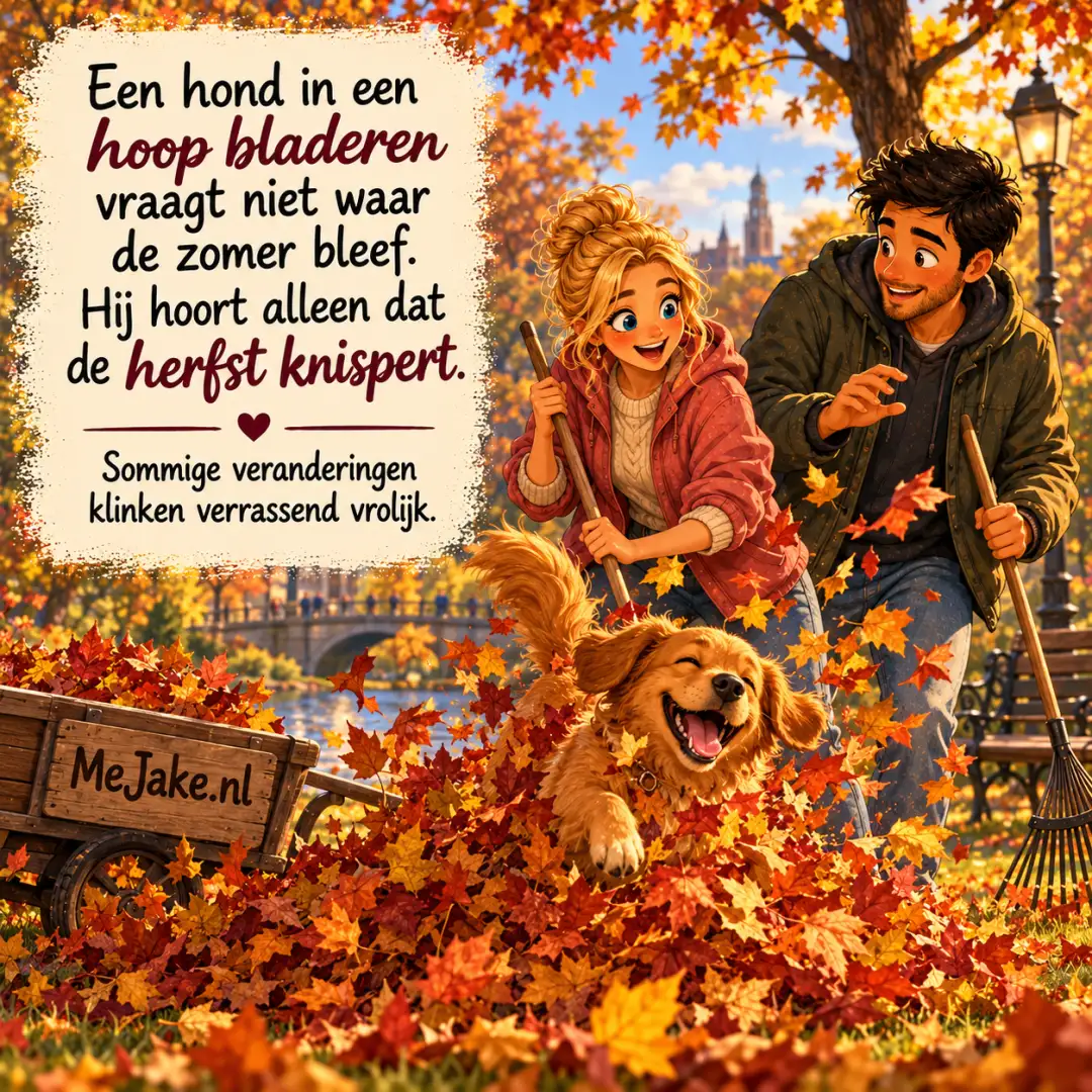 MeJake-illustratie bij de quote: Een hond in een hoop bladeren vraagt niet waar de zomer bleef. Hij hoort alleen dat de herfst knispert.