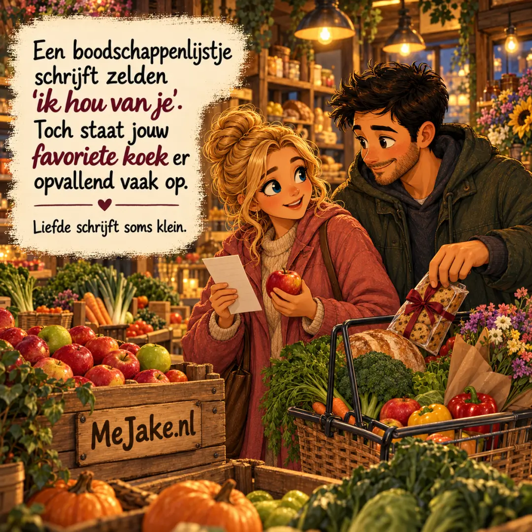 MeJake-illustratie bij de quote: Een boodschappenlijstje schrijft zelden ‘ik hou van je’. Toch staat jouw favoriete koek er opvallend vaak op.
