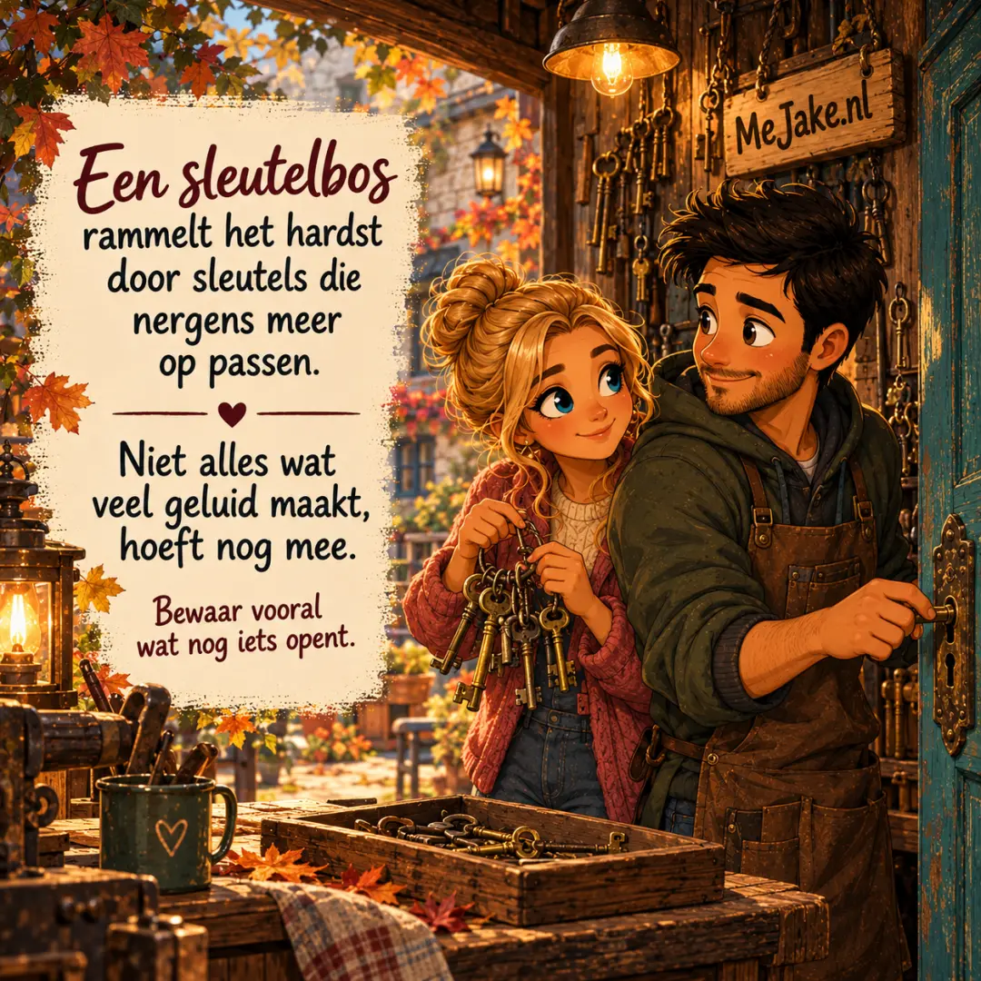 MeJake-illustratie bij de quote: Een sleutelbos rammelt het hardst door sleutels die nergens meer op passen. Niet alles wat veel geluid maakt, hoeft nog mee.