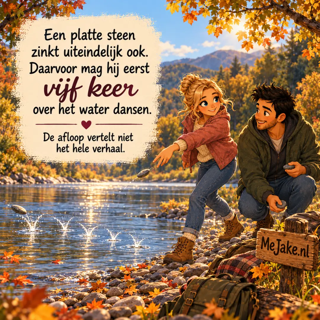 MeJake-illustratie bij de quote: Een platte steen zinkt uiteindelijk ook. Daarvoor mag hij eerst vijf keer over het water dansen.