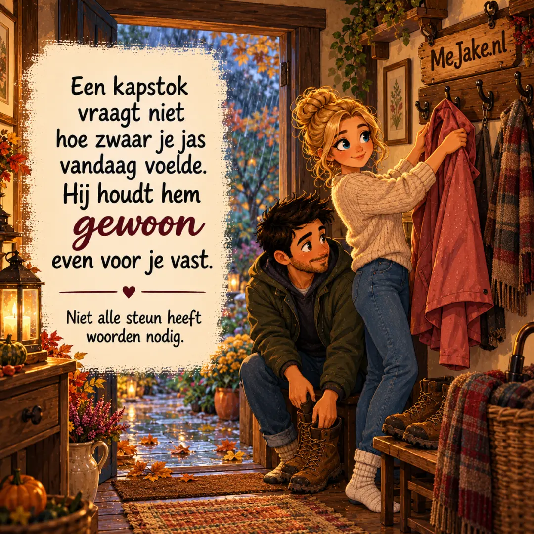 Illustratie bij de quote: Een kapstok vraagt niet hoe zwaar je jas vandaag voelde. Hij houdt hem gewoon even voor je vast.
