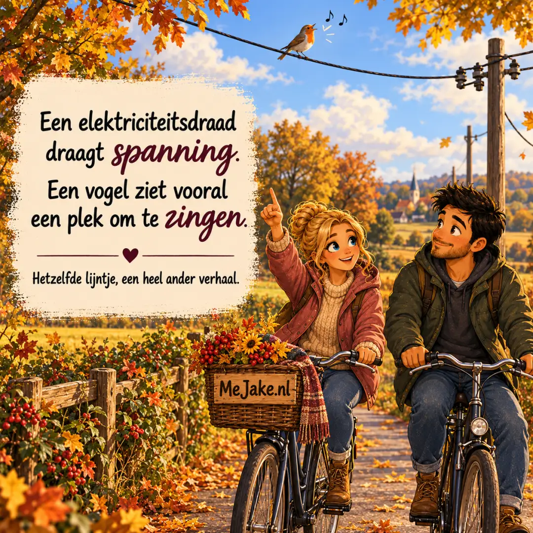 MeJake-illustratie bij de quote: Een elektriciteitsdraad draagt spanning. Een vogel ziet vooral een plek om te zingen.