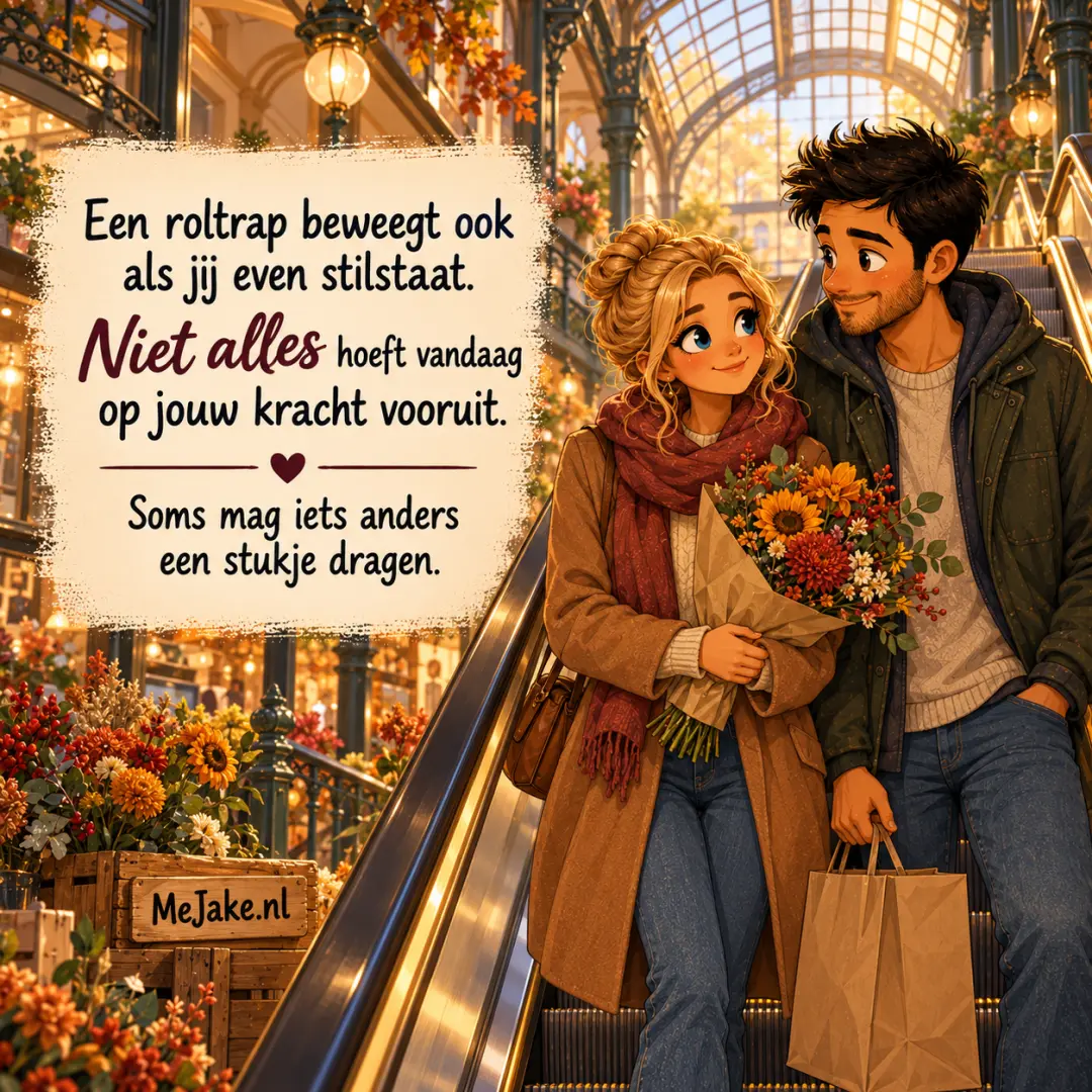 MeJake-illustratie bij de quote: Een roltrap beweegt ook als jij even stilstaat. Niet alles hoeft vandaag op jouw kracht vooruit.