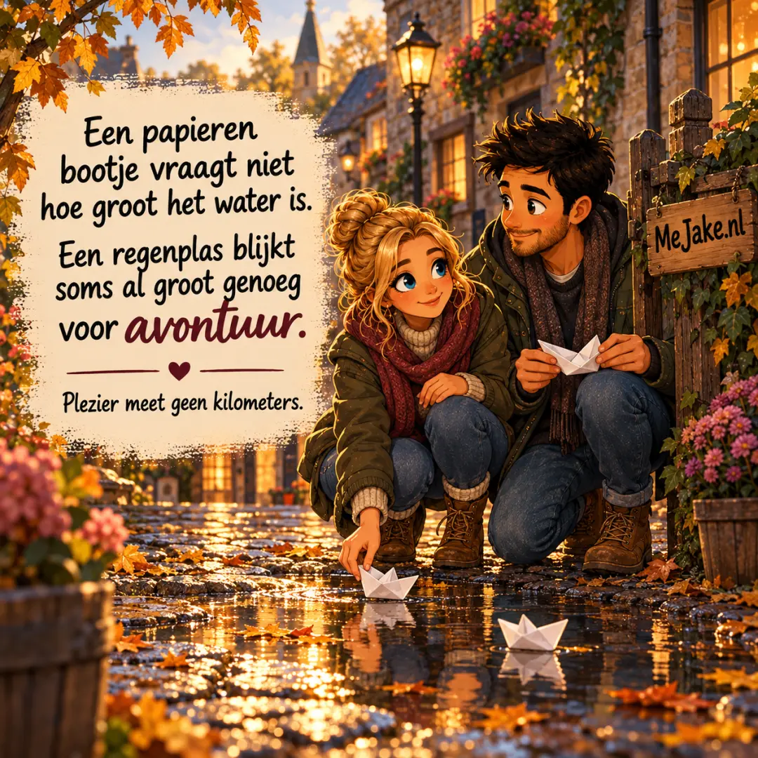MeJake-illustratie bij de quote: Een papieren bootje vraagt niet hoe groot het water is. Een regenplas blijkt soms al groot genoeg voor avontuur.