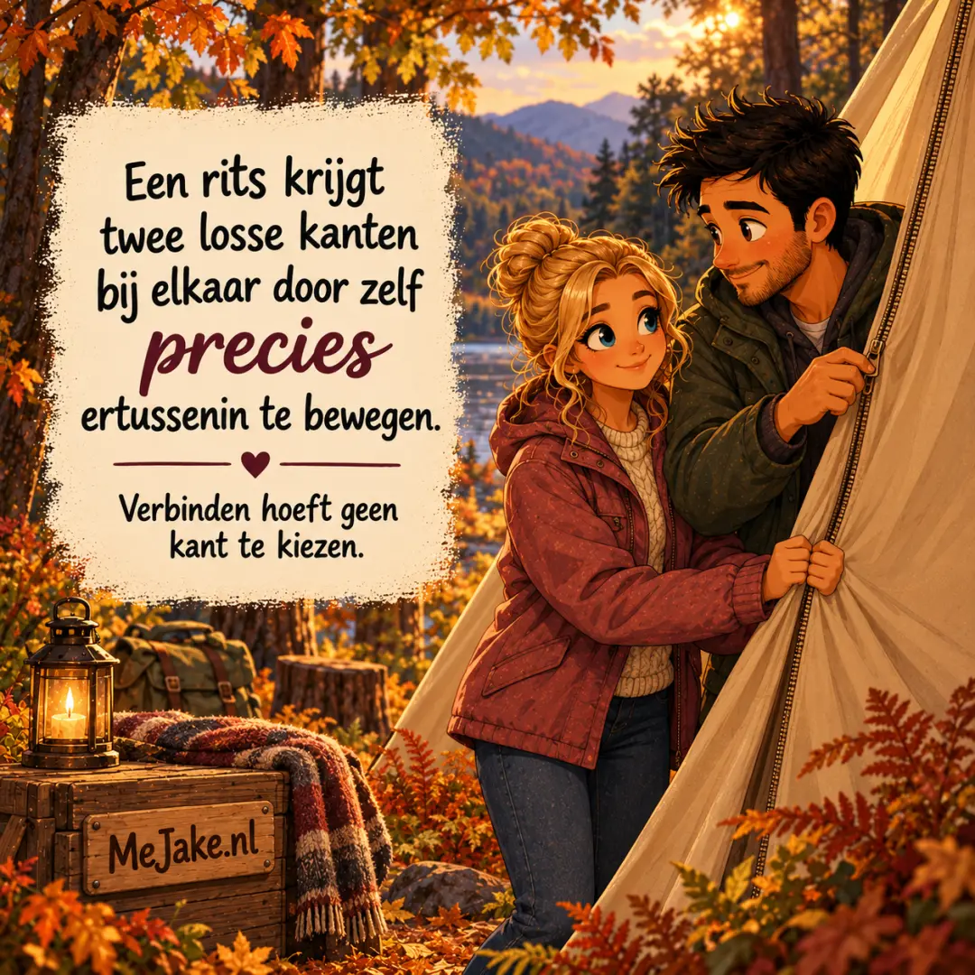 Illustratie bij de quote: Een rits krijgt twee losse kanten bij elkaar door zelf precies ertussenin te bewegen.