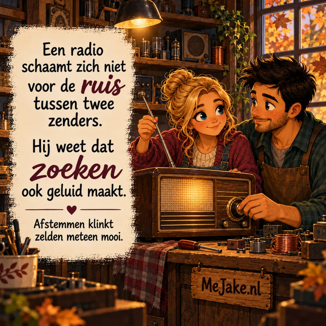 Illustratie bij de quote: Een radio schaamt zich niet voor de ruis tussen twee zenders. Hij weet dat zoeken ook geluid maakt.