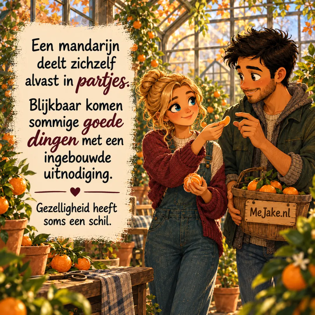 Illustratie bij de quote: Een mandarijn deelt zichzelf alvast in partjes. Blijkbaar komen sommige goede dingen met een ingebouwde uitnodiging.