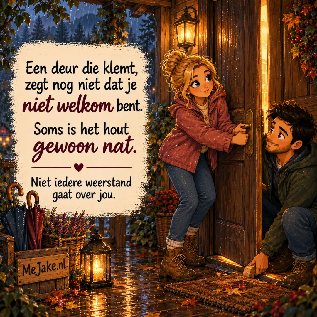 Illustratie bij de quote: Een deur die klemt, zegt nog niet dat je niet welkom bent. Soms is het hout gewoon nat.