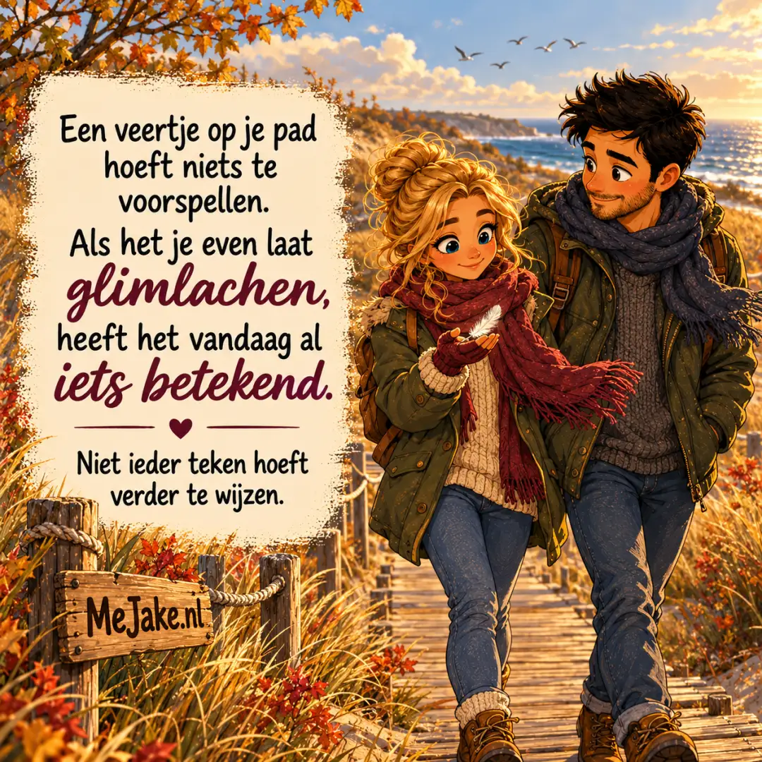 Illustratie bij de quote: Een veertje op je pad hoeft niets te voorspellen. Als het je even laat glimlachen, heeft het vandaag al iets betekend.