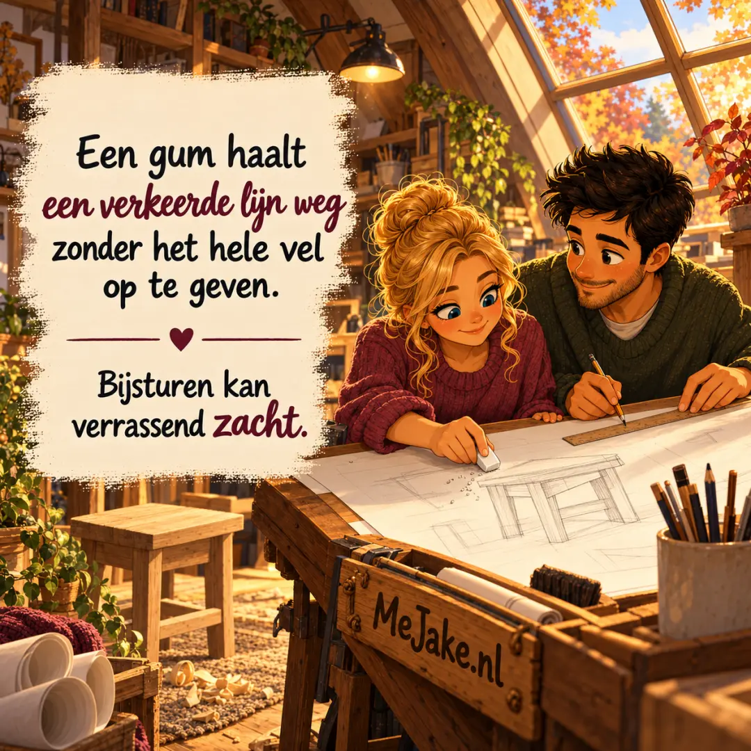Illustratie bij de quote: Een gum haalt een verkeerde lijn weg zonder het hele vel op te geven.