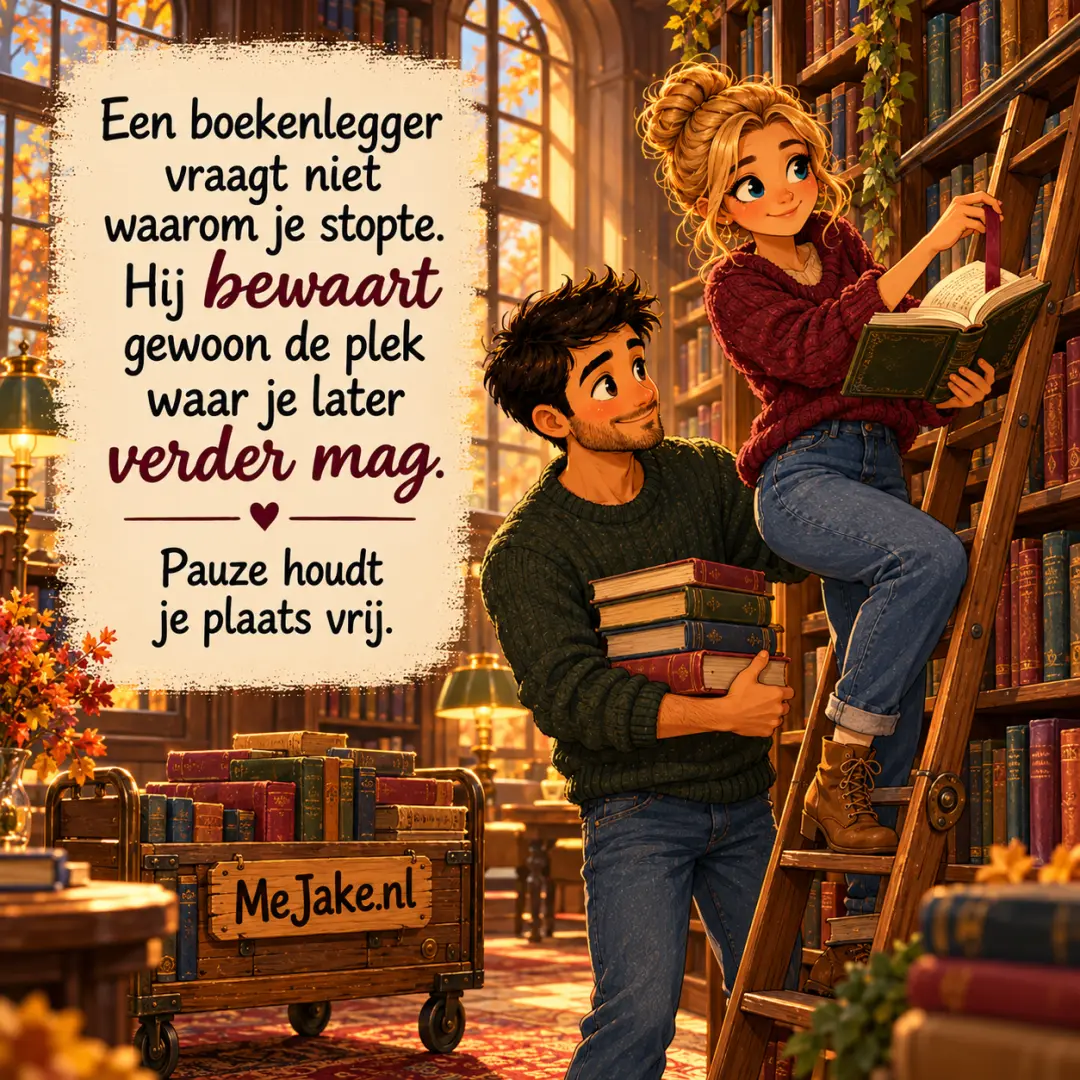 Illustratie bij de quote: Een boekenlegger vraagt niet waarom je stopte. Hij bewaart gewoon de plek waar je later verder mag.