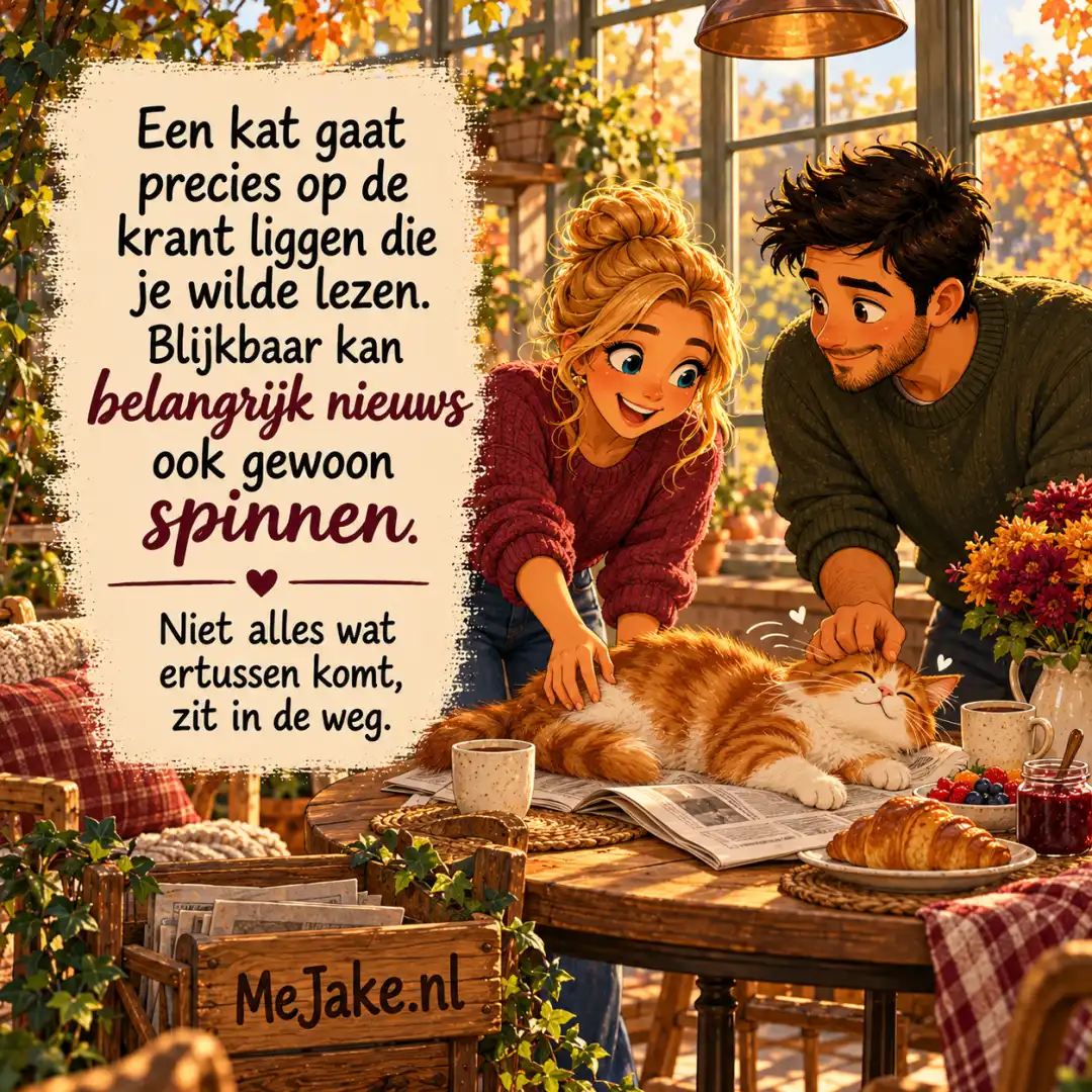Illustratie bij de quote: Een kat gaat precies op de krant liggen die je wilde lezen. Blijkbaar kan belangrijk nieuws ook gewoon spinnen.