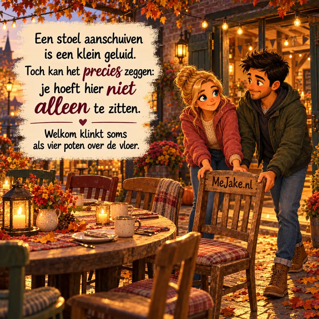 Illustratie bij de quote: Een stoel aanschuiven is een klein geluid. Toch kan het precies zeggen: je hoeft hier niet alleen te zitten.