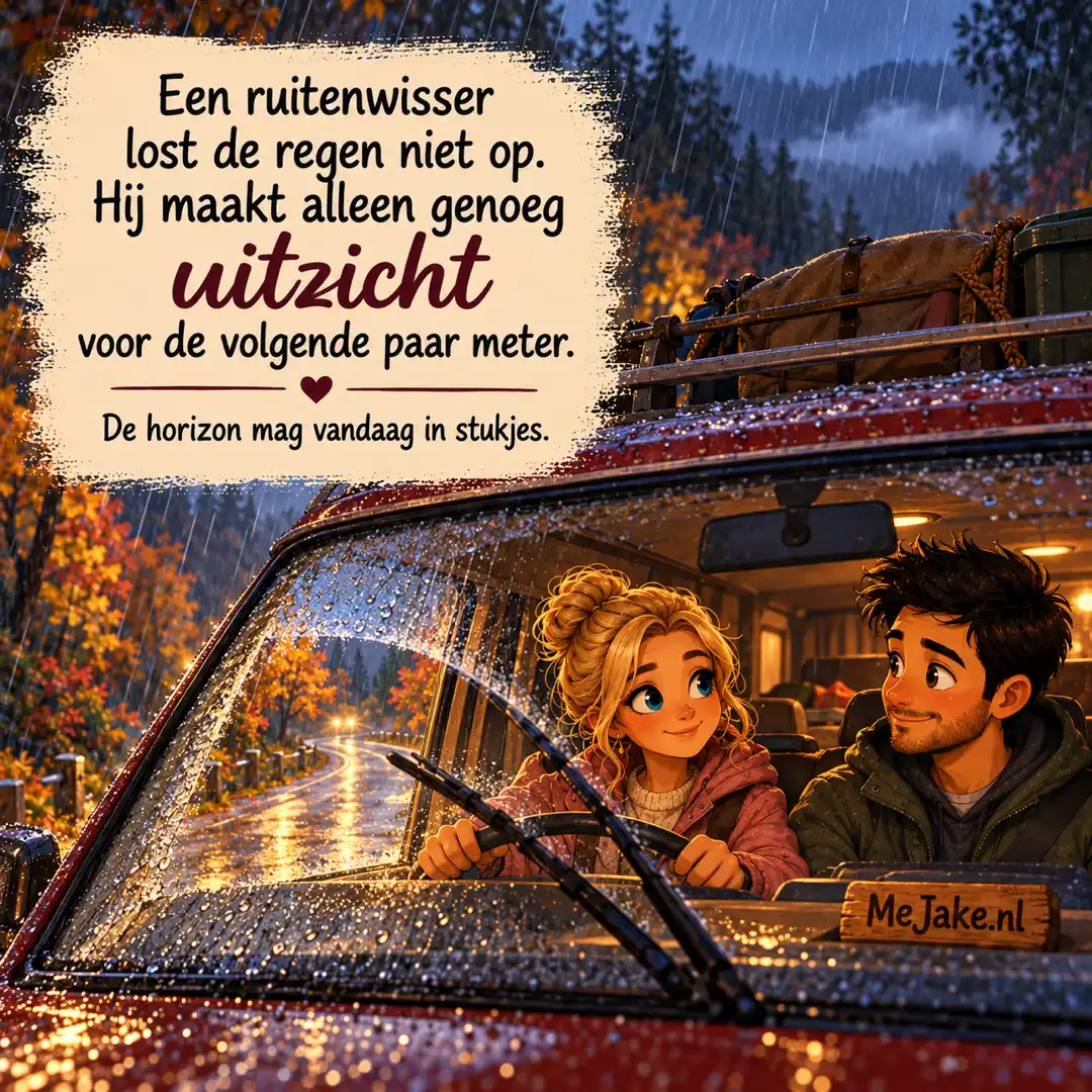 Illustratie bij de quote: Een ruitenwisser lost de regen niet op. Hij maakt alleen genoeg uitzicht voor de volgende paar meter.