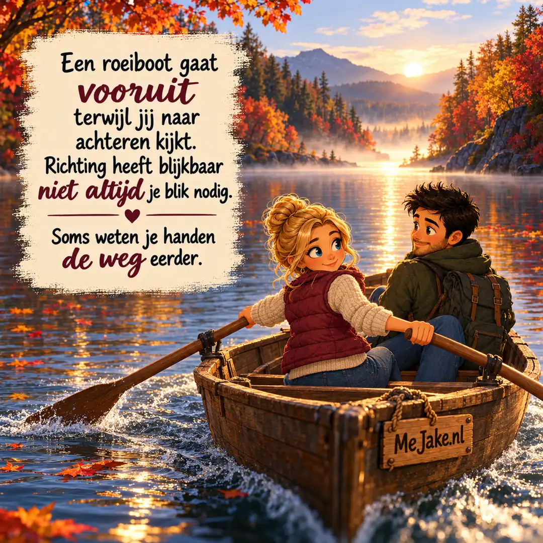 Illustratie bij de quote: Een roeiboot gaat vooruit terwijl jij naar achteren kijkt. Richting heeft blijkbaar niet altijd je blik nodig.