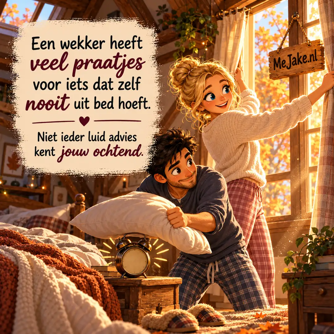 Illustratie bij de quote: Een wekker heeft veel praatjes voor iets dat zelf nooit uit bed hoeft.