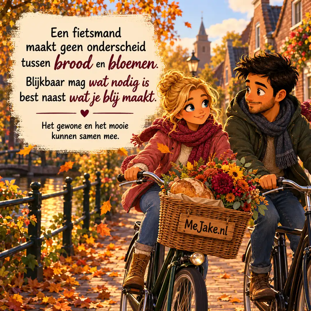 MeJake-illustratie bij de quote: Een fietsmand maakt geen onderscheid tussen brood en bloemen. Blijkbaar mag wat nodig is best naast wat je blij maakt.