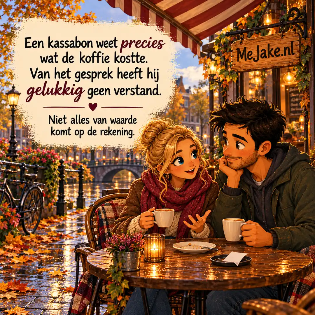 MeJake-illustratie bij de quote: Een kassabon weet precies wat de koffie kostte. Van het gesprek heeft hij gelukkig geen verstand.