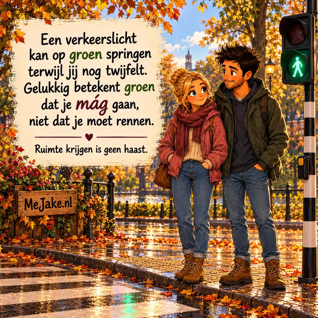 MeJake-illustratie bij de quote: Een verkeerslicht kan op groen springen terwijl jij nog twijfelt. Gelukkig betekent groen dat je mág gaan, niet dat je moet rennen.