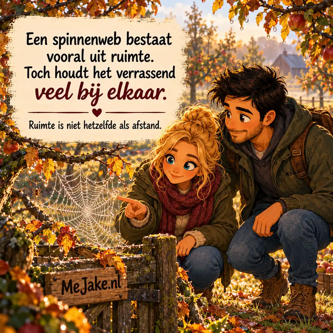 Illustratie bij de quote: Een spinnenweb bestaat vooral uit ruimte. Toch houdt het verrassend veel bij elkaar.